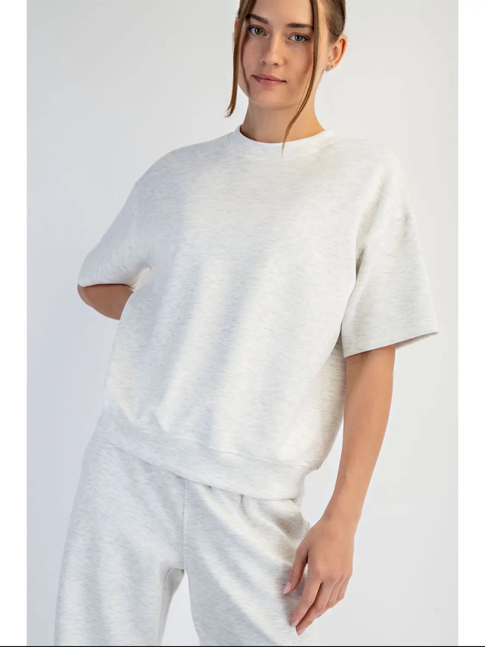 Z Supply Short-Sleeve Crew Sweatshirt in Light Heather Cream